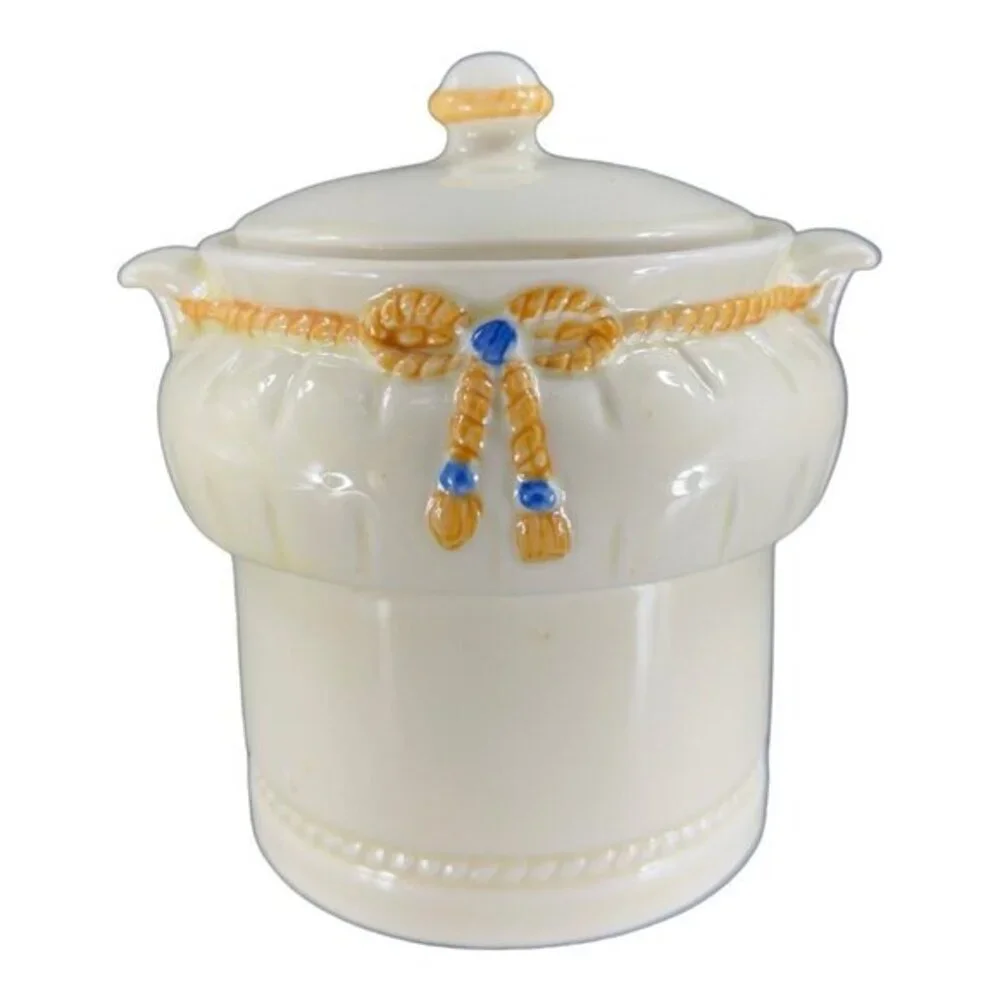 Vintage‎ Porcelier Vitreous China Art Deco Canister Cookie Jar Rope Ribbon W Lid